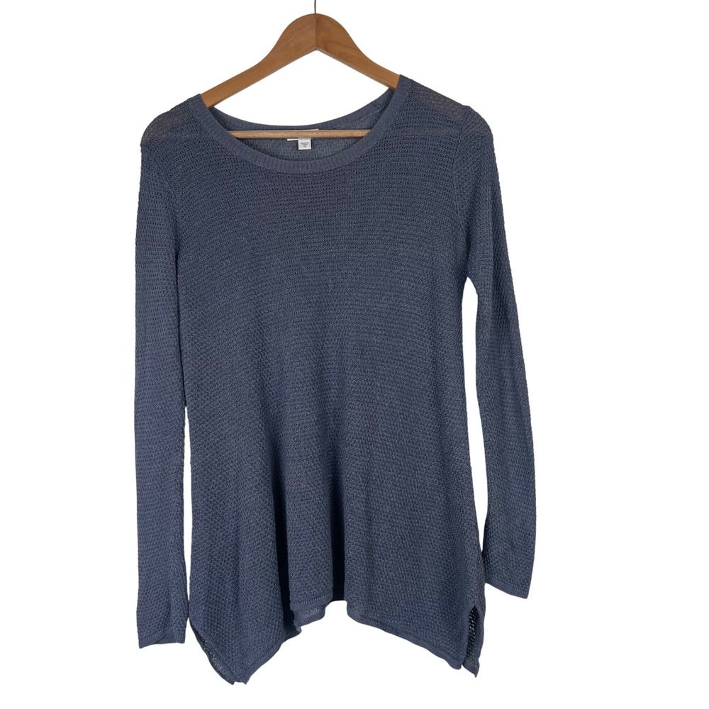 Pure Jill Linen Blend Blue Open Knit Sharkbite Hem Sweater Womens XS Coastal